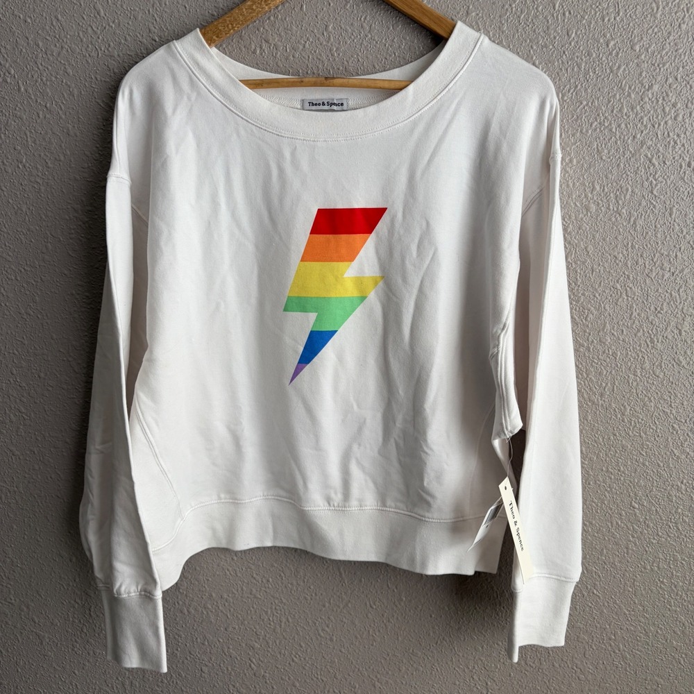 NEW Theo & Spence White Long Sleeve Rainbow Lightning Bolt T-Shirt M - NWT